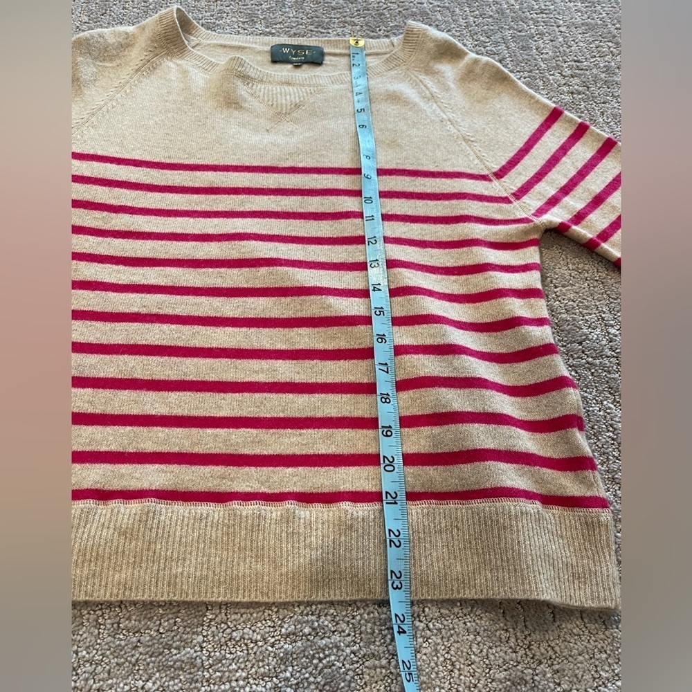 Wyse London 100% Cashmere Boatneck Sweater, Tan With Pink Stripes, Size M/L — image 7 of 8